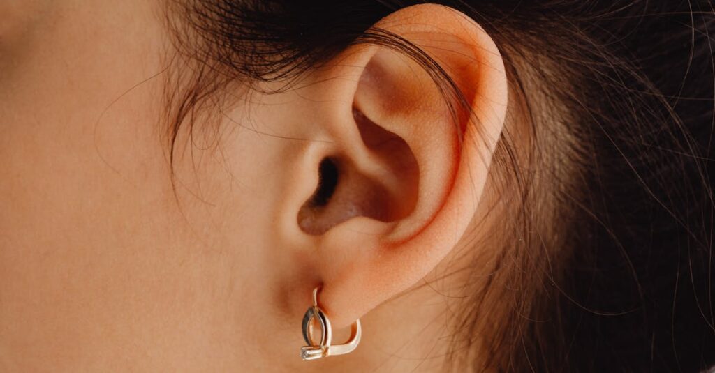 Detailed close-up of a woman's ear adorned with a stylish earring.