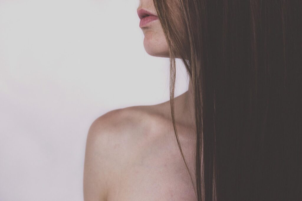 hair, lips, model, woman, bust, skin, long hair, brunette, body, female body