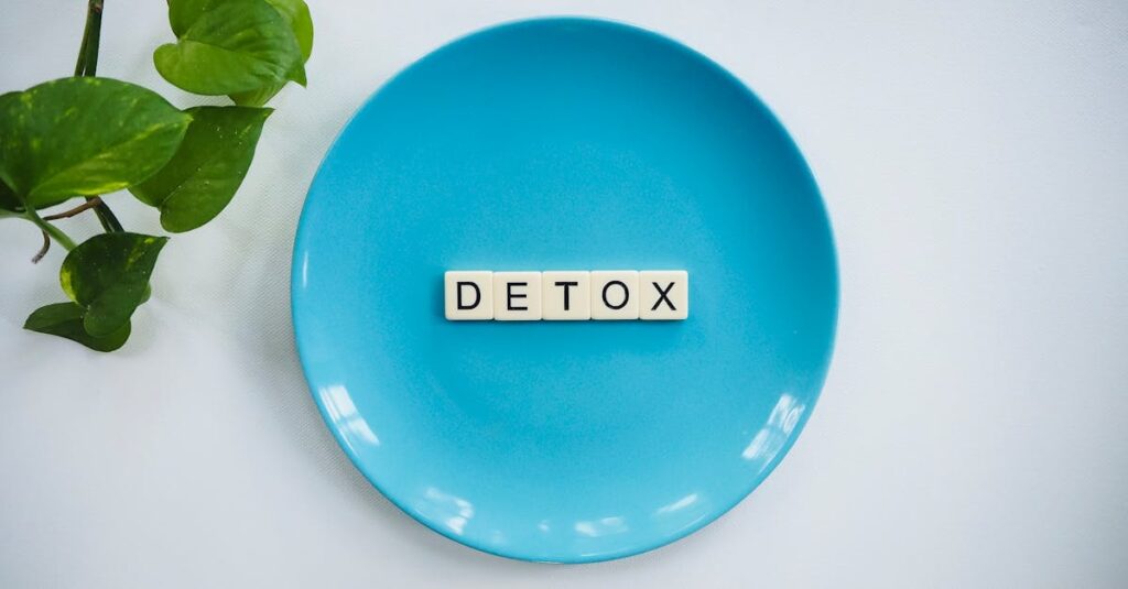 Minimalist concept of detox with letter tiles on a turquoise plate and green leaves.